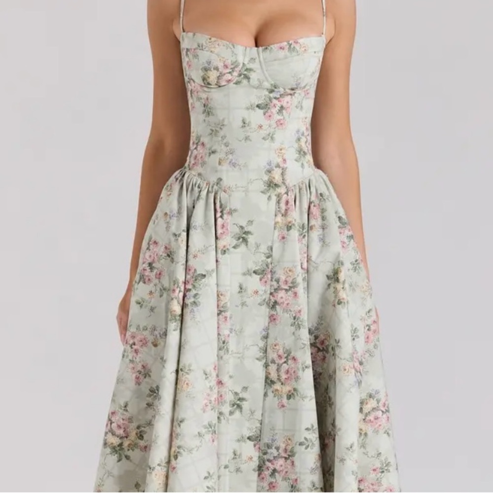 House of CB Floral Samaria Midi Dress in Sage Green and Pink